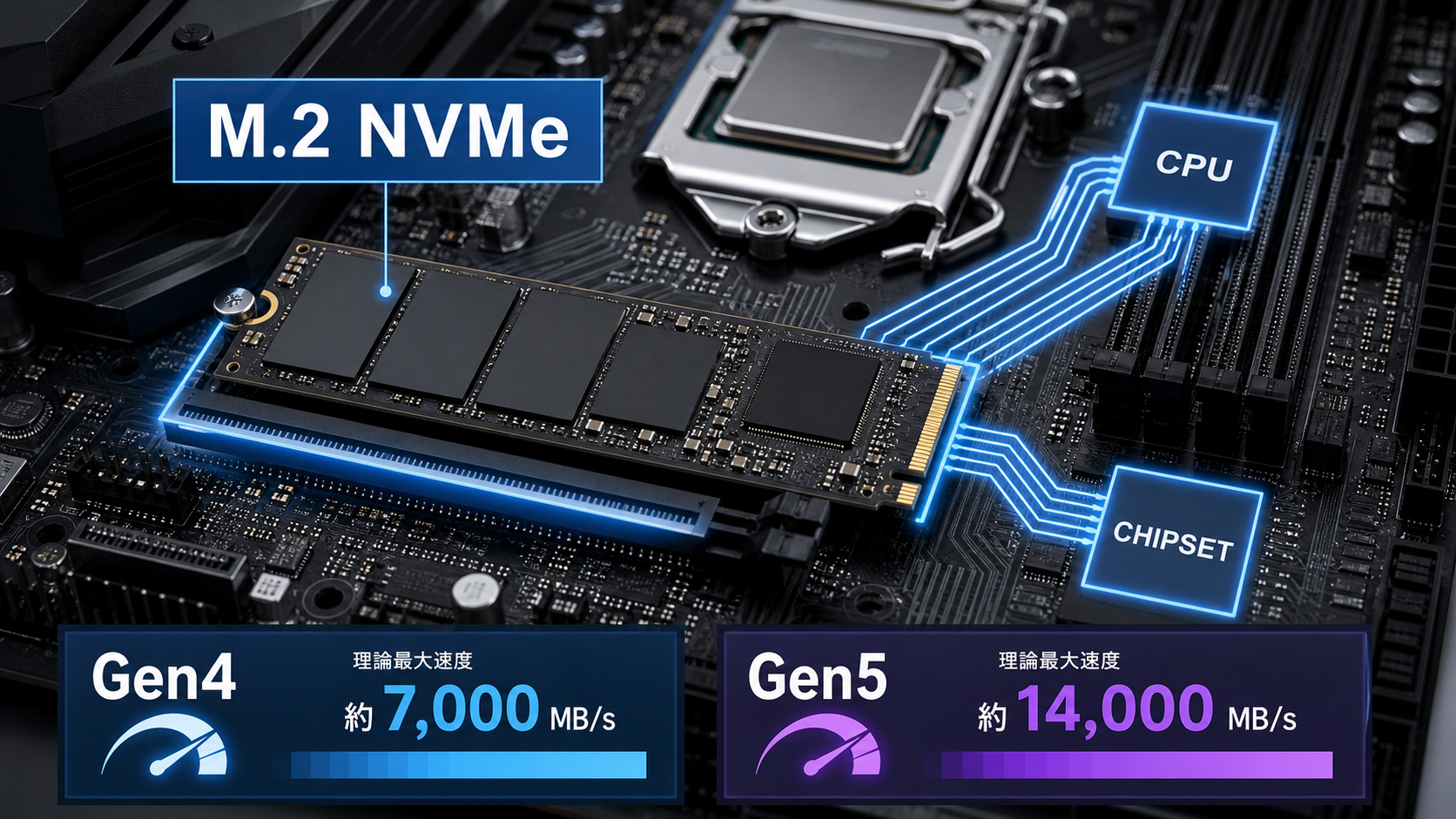 M.2 NVMe SSDとPCIe Gen4 Gen5の違いを示したマザーボードの図解