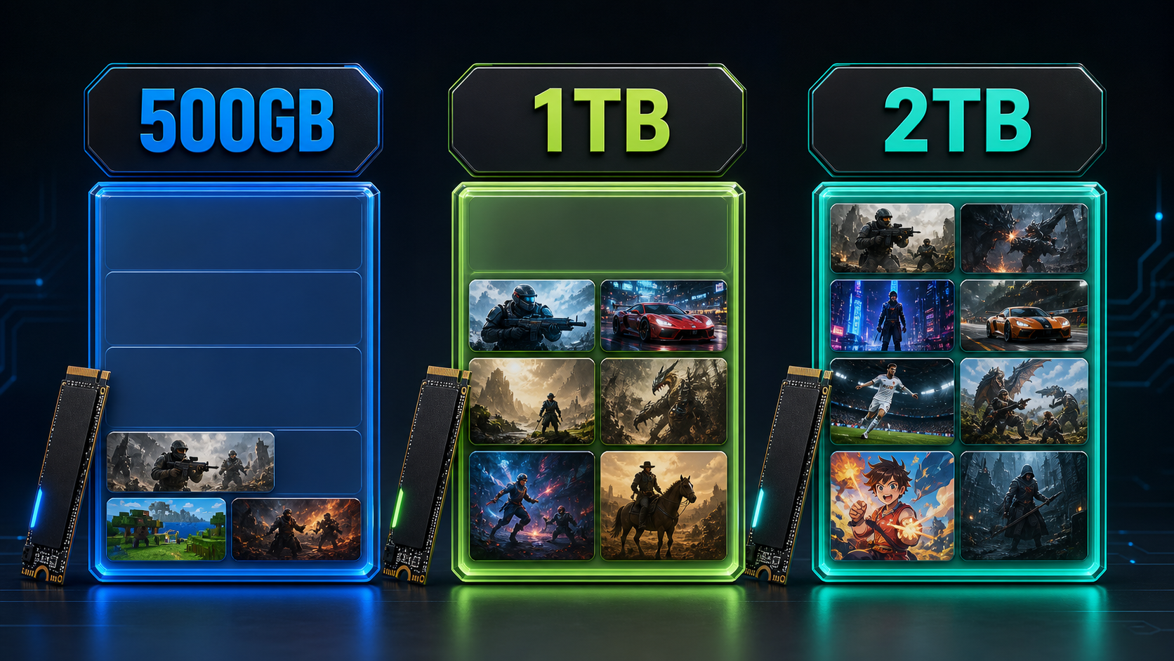 ゲーミングPC向けSSD容量を500GB、1TB、2TBで分けたイメージ
