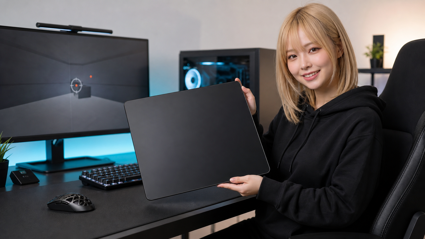 ガラスマウスパッドを持ってゲーミングデスクで説明している様子
