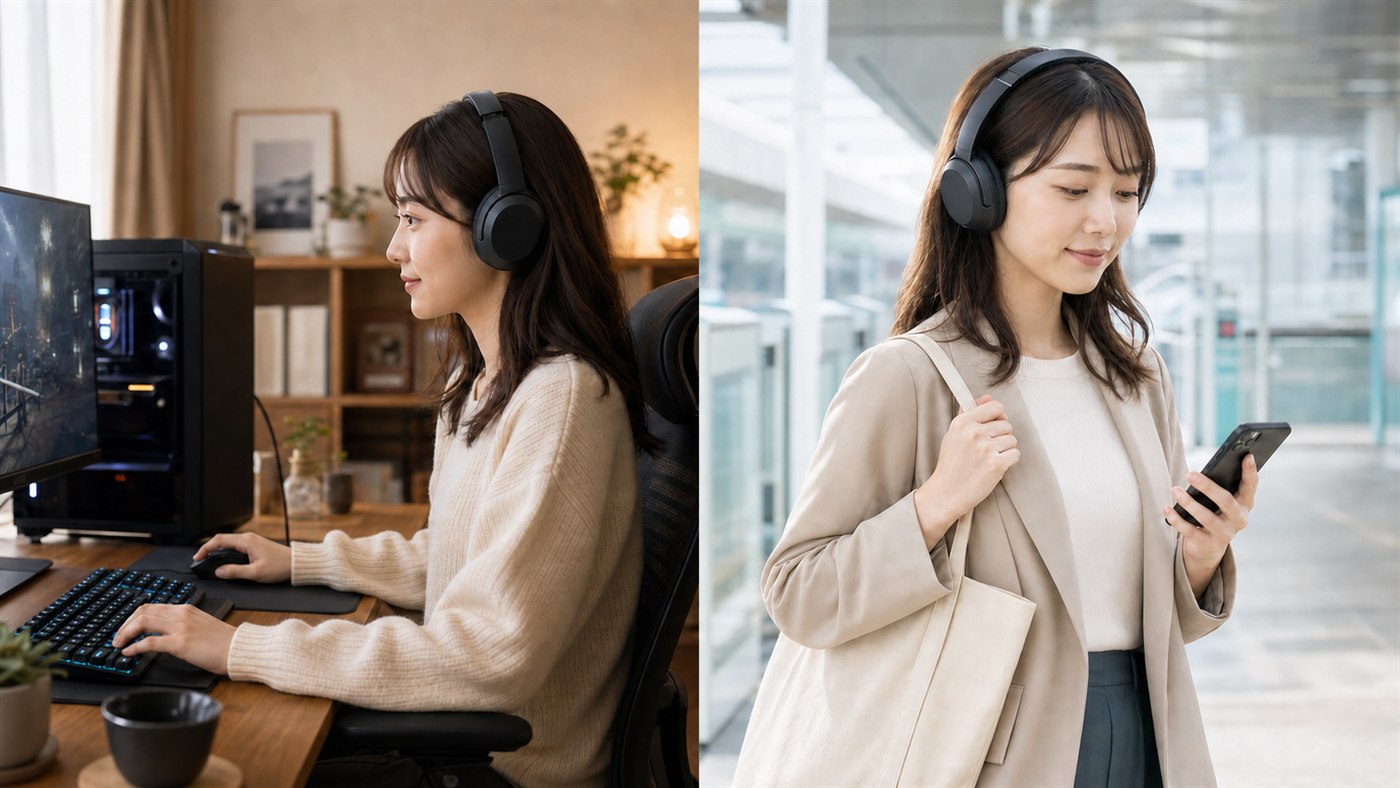 自宅のゲームと通勤でゲーミングヘッドホンを使い分ける女性