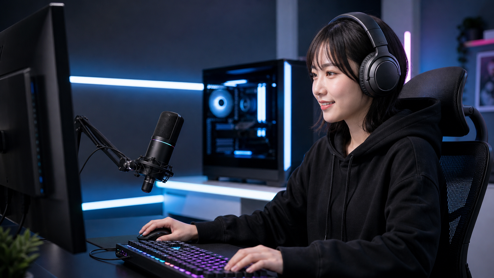 外部マイクを使いながらヘッドホンを装着してゲーミングデスクで操作する様子