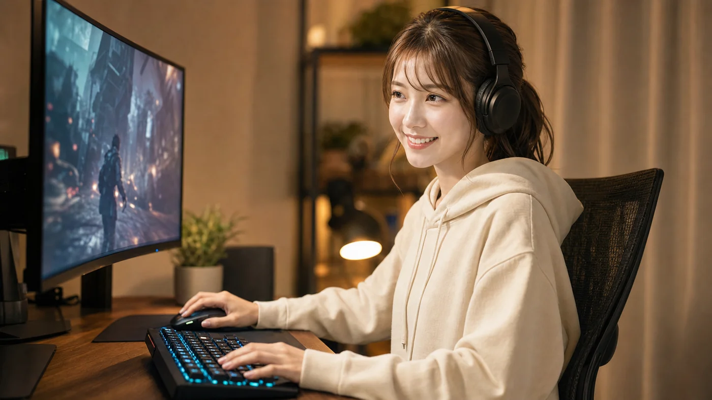 ヘッドホンでPCゲームを楽しむ女性