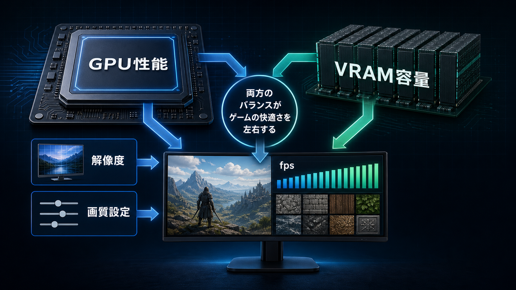 GPU性能とVRAM容量の両方で解像度、画質設定、fpsが変わることを示した図解