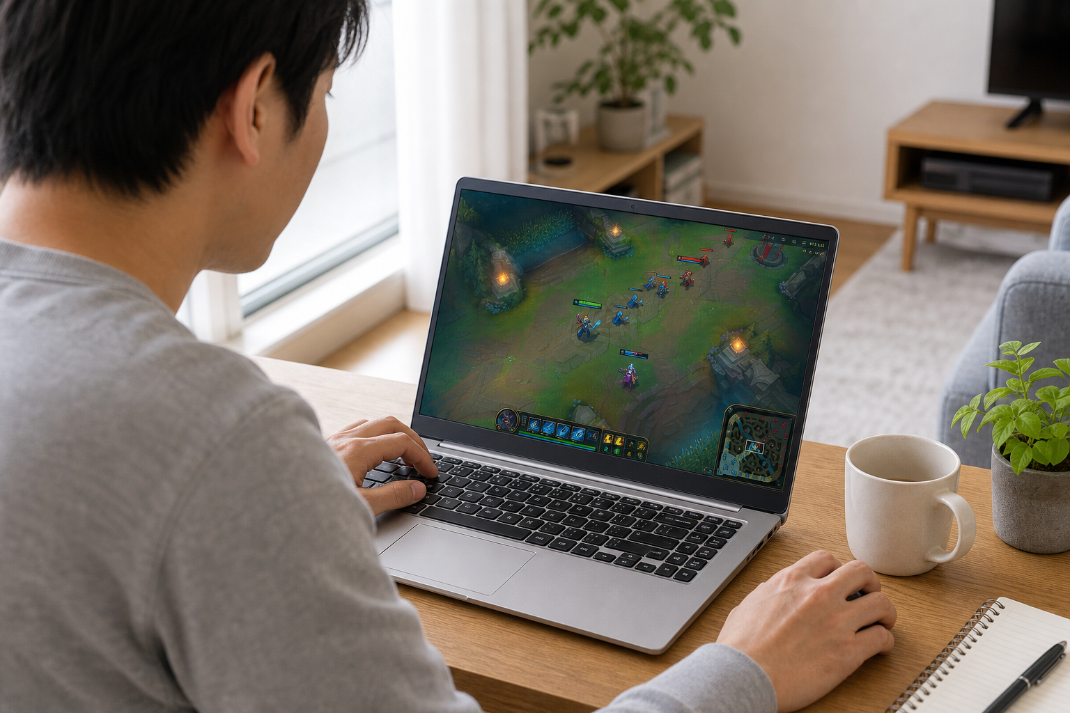 普通の薄型ノートPCでLoLのようなMOBAを遊んでいる様子