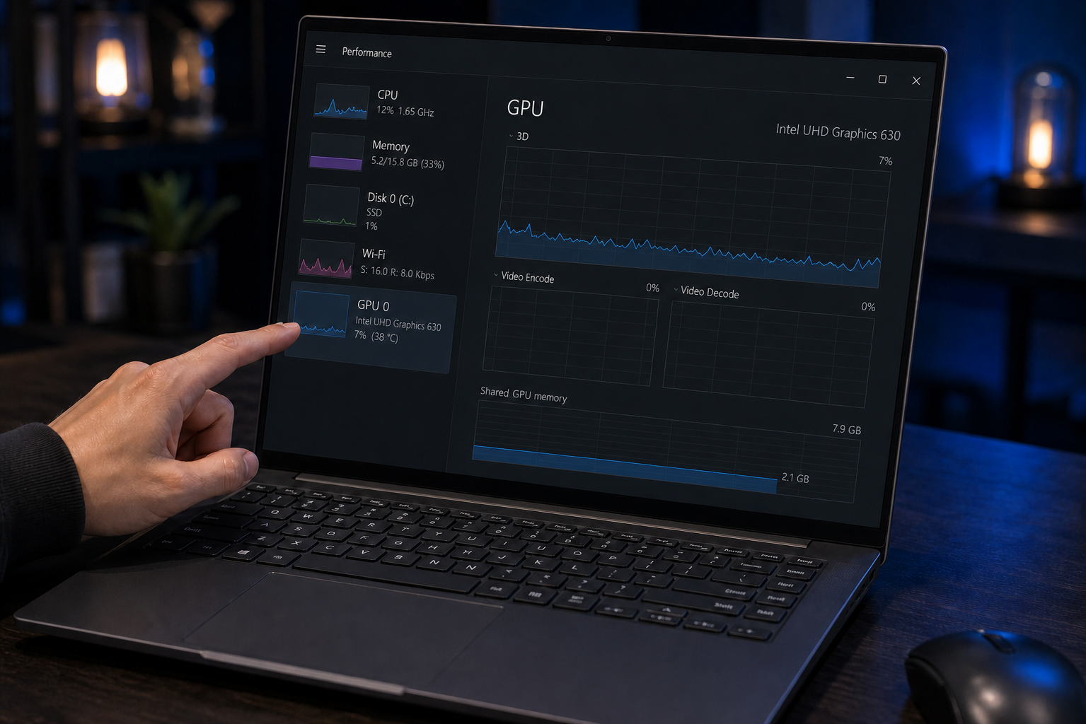タスクマネージャーでIntel UHD Graphics 630を調べる画面