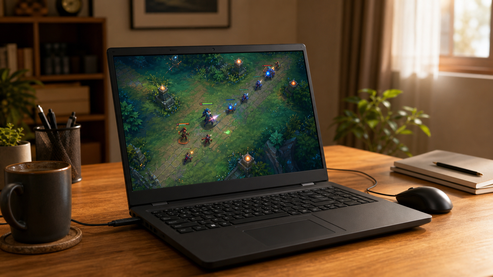 整備済みのビジネスノートPCでMOBAゲームを遊ぶデスク