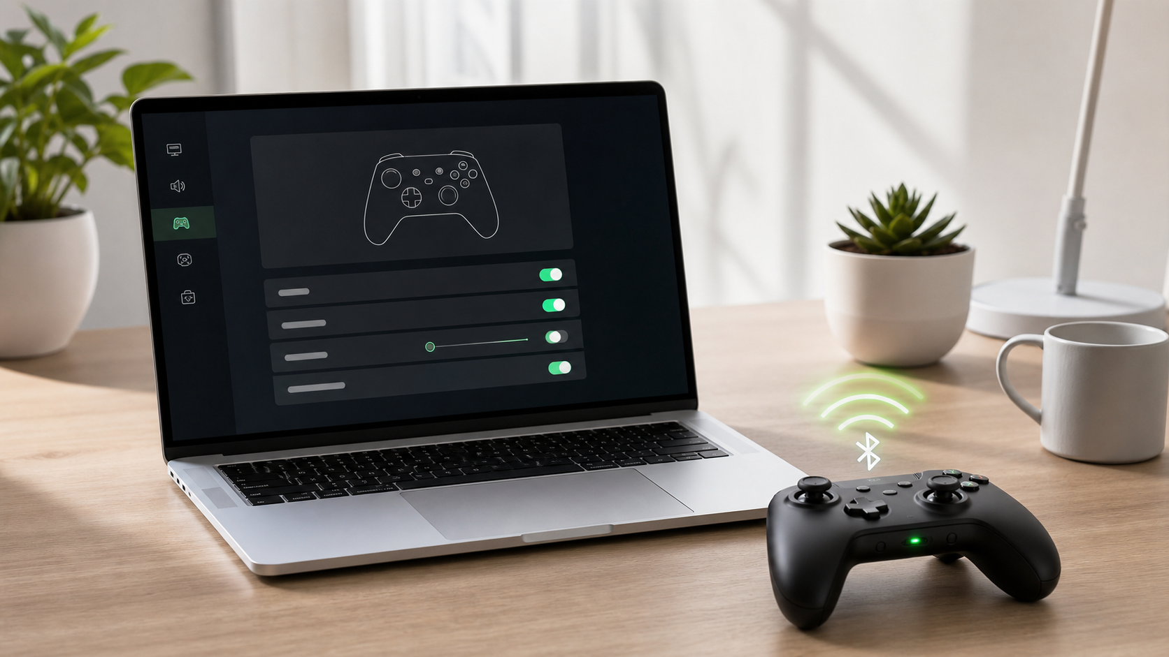MacBookとBluetooth接続したコントローラーでゲーム側の入力設定を確認するデスク環境