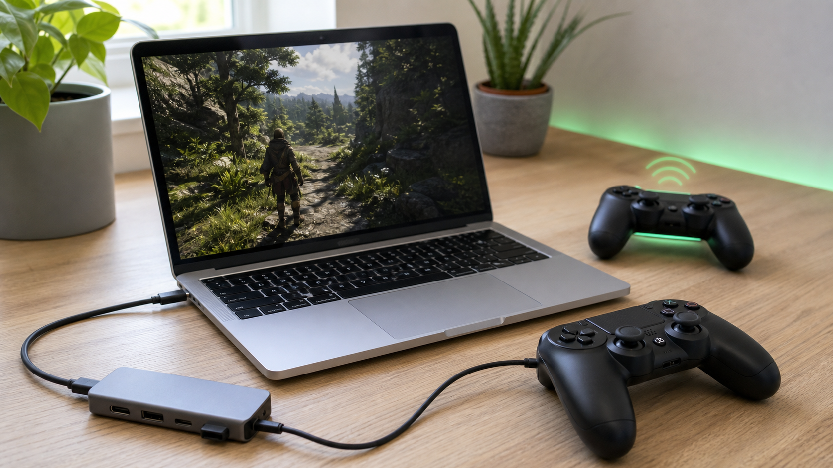 MacBookに有線と無線のコントローラーを接続してゲームを遊ぶデスク環境