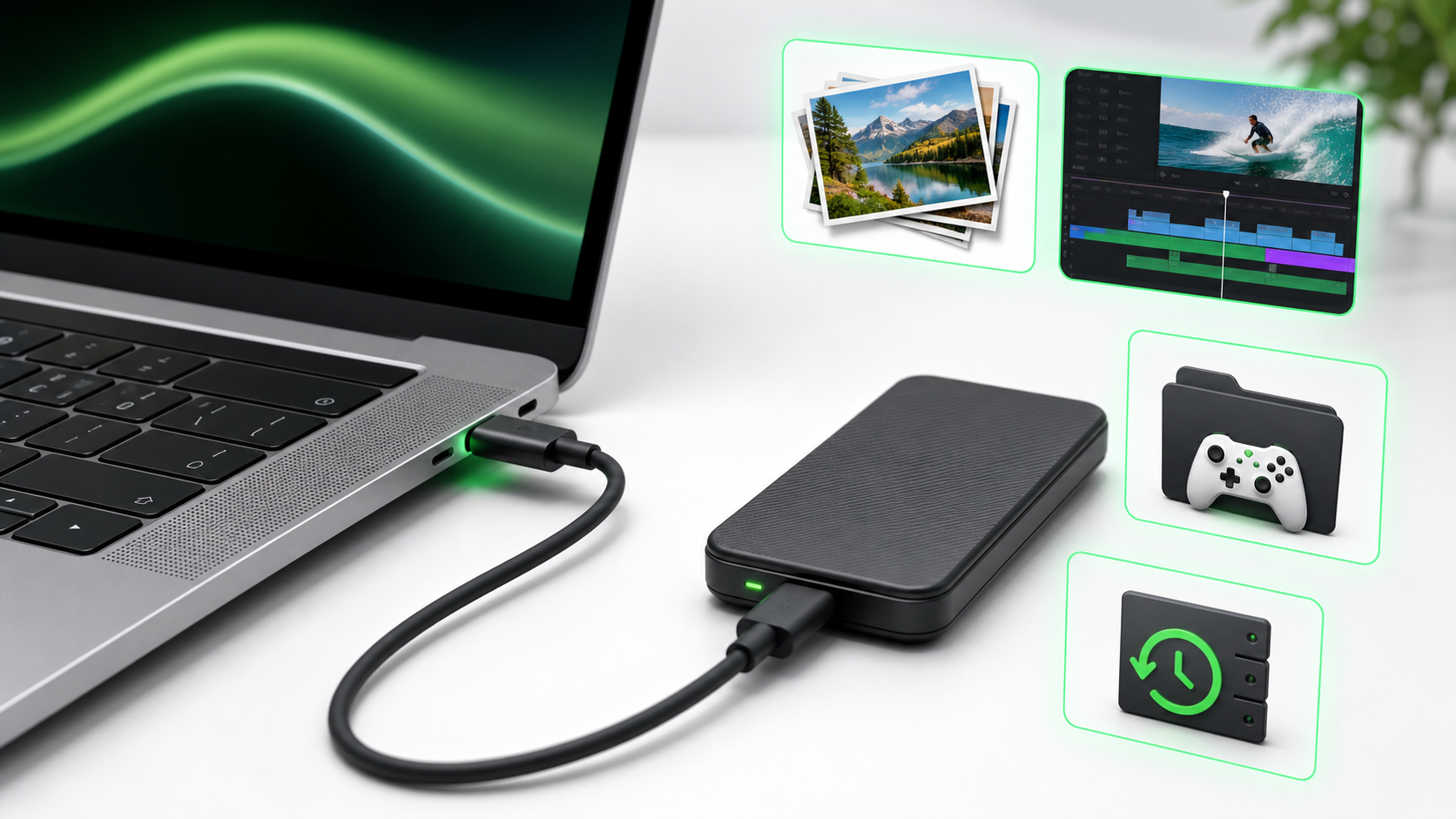 MacBookと外付けSSDをUSB-Cで接続しているイメージ