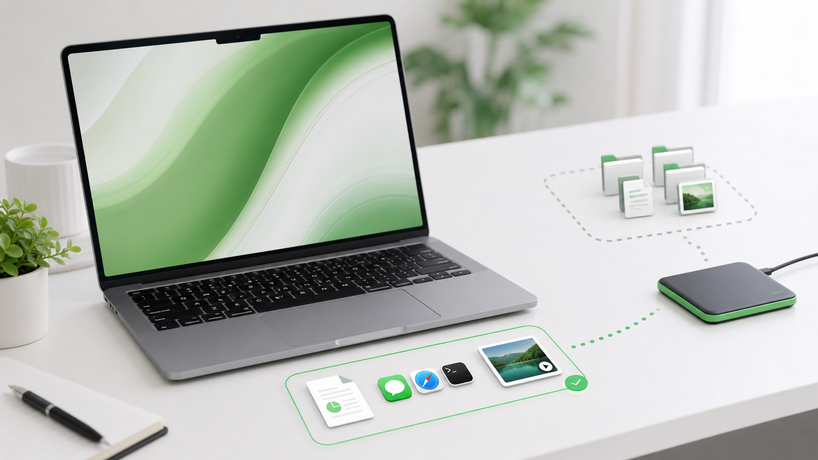 MacBook本体に毎日使うファイルを残し古いデータを外付けSSDへ分けるイメージ
