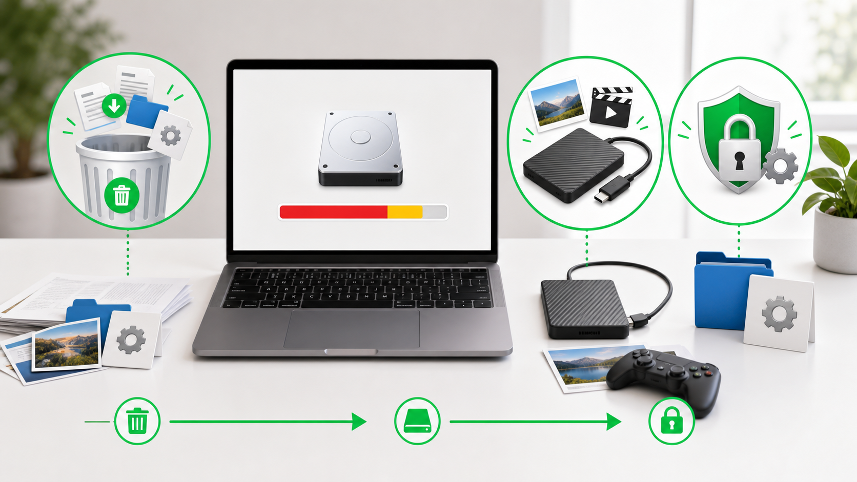 MacBookのストレージ管理画面と写真、動画、ゲーム、ゴミ箱、外付けSSDのイメージ