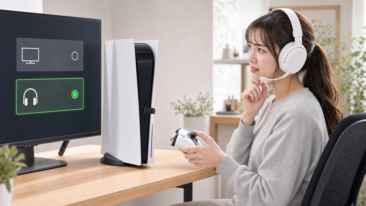 PS5の音声出力をUSBヘッドセットへ切り替える様子