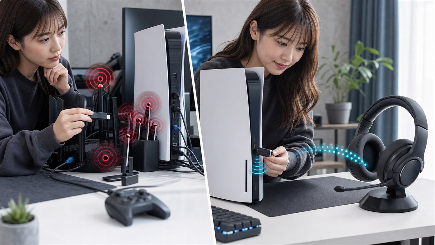PS5のUSBドングルを混雑した背面から前面へ移す方法